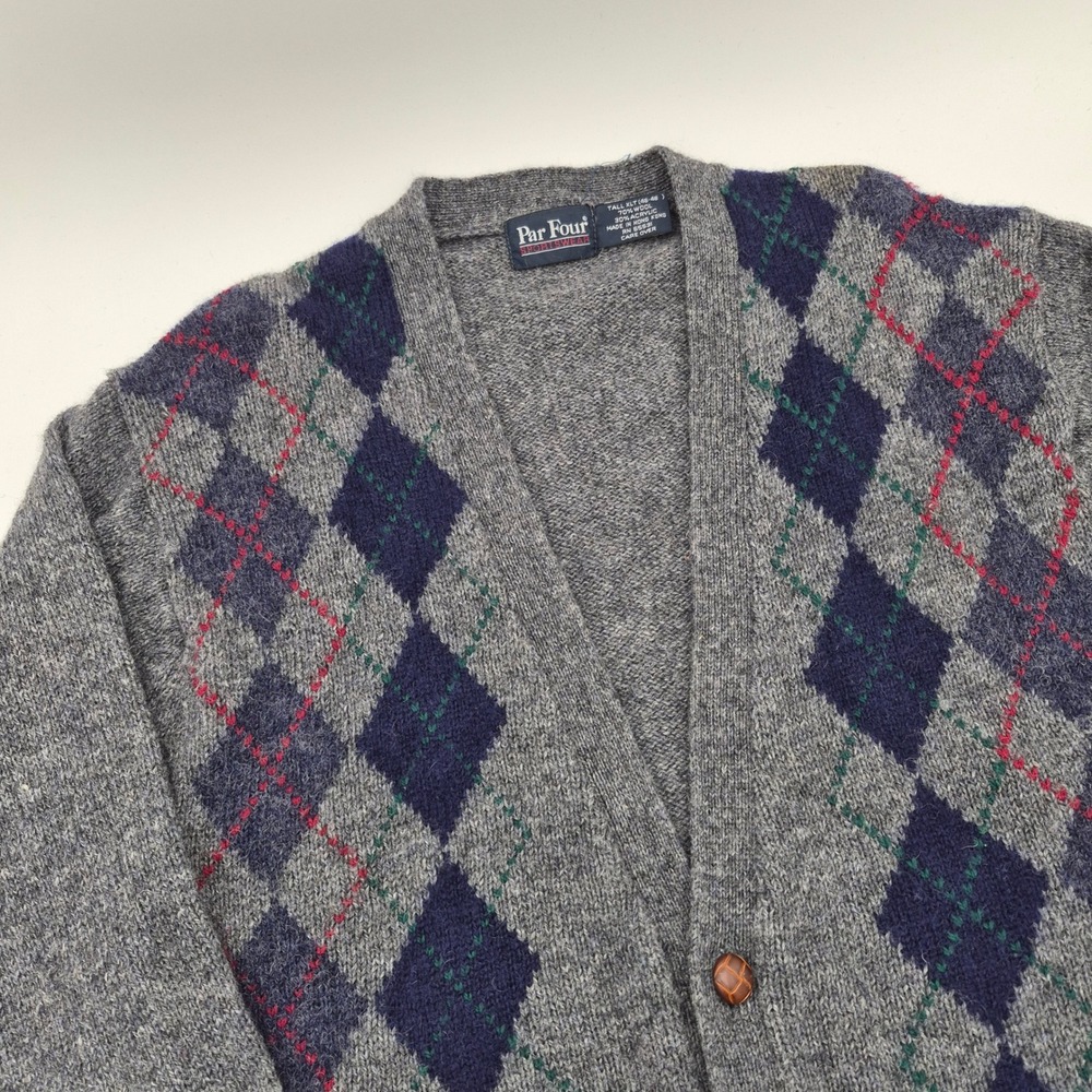 Par Four Sportswear Vintage Mens Argyle Wool Blend Button Cardigan Gray XLT